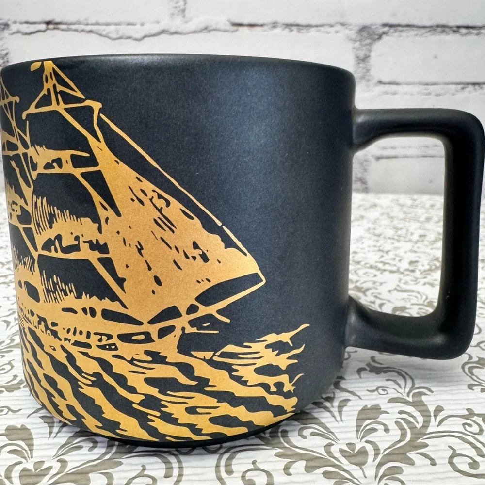 Starbucks‎ Aged Sumatra Nautical Ship Mug Black Gold 14oz Coffee Cup 2016